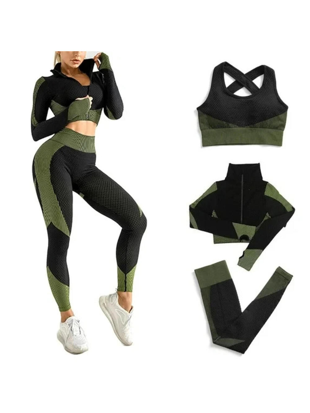 3 Pc Workout Sports Bra Leggings Jacket Fitness, Size L Green Black Yoga Gym